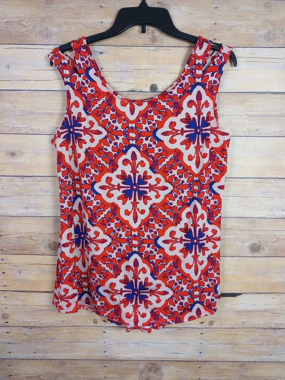 Perseption Concept Women Shirt Small Red Tan Geometric Split Strap
